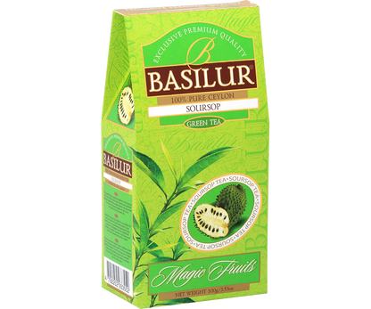 Front opakowania Basilur Soursop z ilustracją owocu flaszowca miękkociernistego