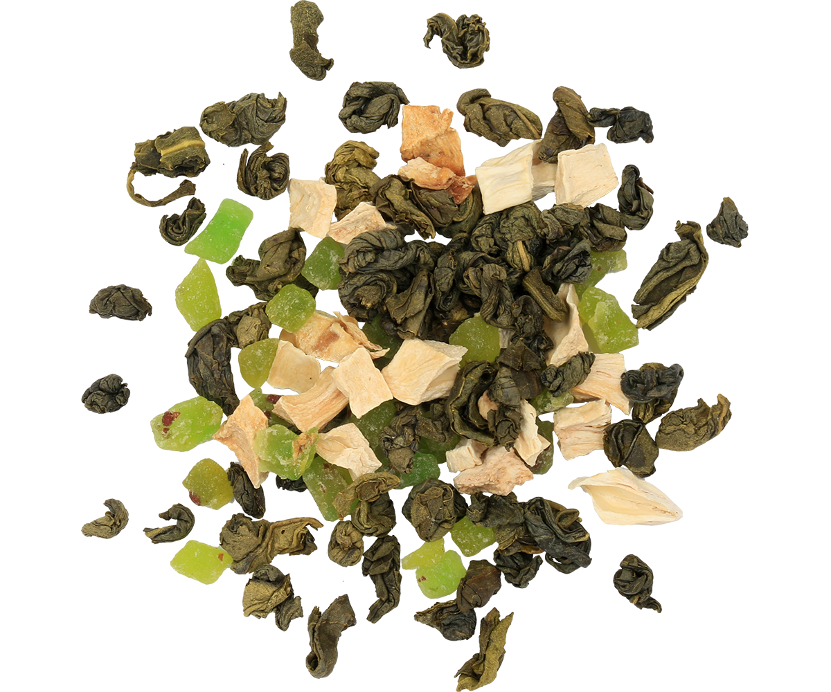 Zbliżenie na liście i kawałki owoców w herbacie Basilur Soursop