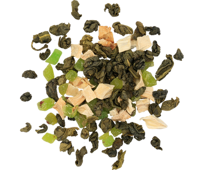 Zbliżenie na liście i kawałki owoców w herbacie Basilur Soursop