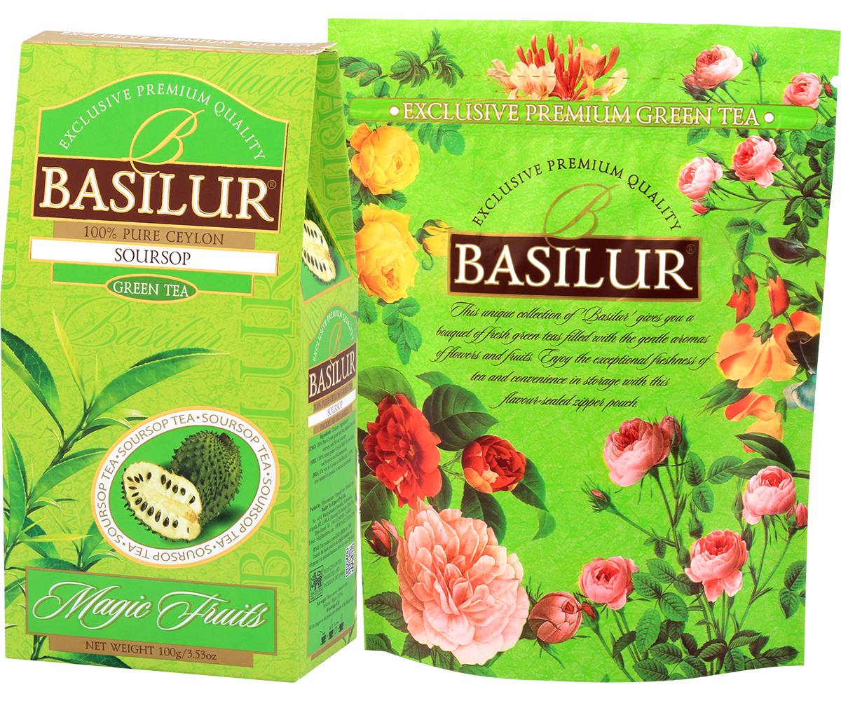 Pudełko herbaty Basilur Soursop w zielonym opakowaniu z serii Magic Fruits