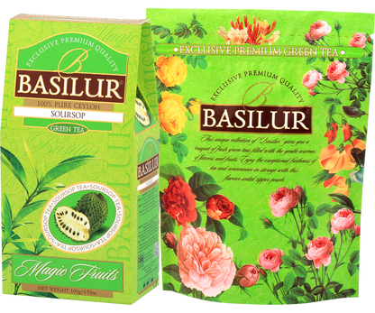 Pudełko herbaty Basilur Soursop w zielonym opakowaniu z serii Magic Fruits