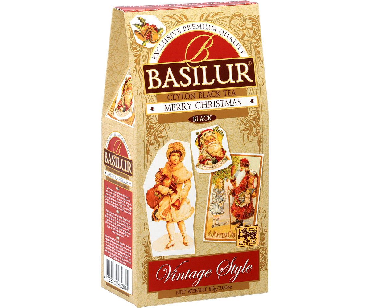 Bok opakowania Basilur Merry Christmas z informacjami o składzie i pochodzeniu herbaty