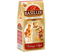 Bok opakowania Basilur Merry Christmas z informacjami o składzie i pochodzeniu herbaty