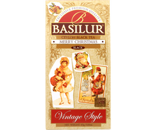 Front opakowania Basilur Merry Christmas z ilustracjami Świętego Mikołaja