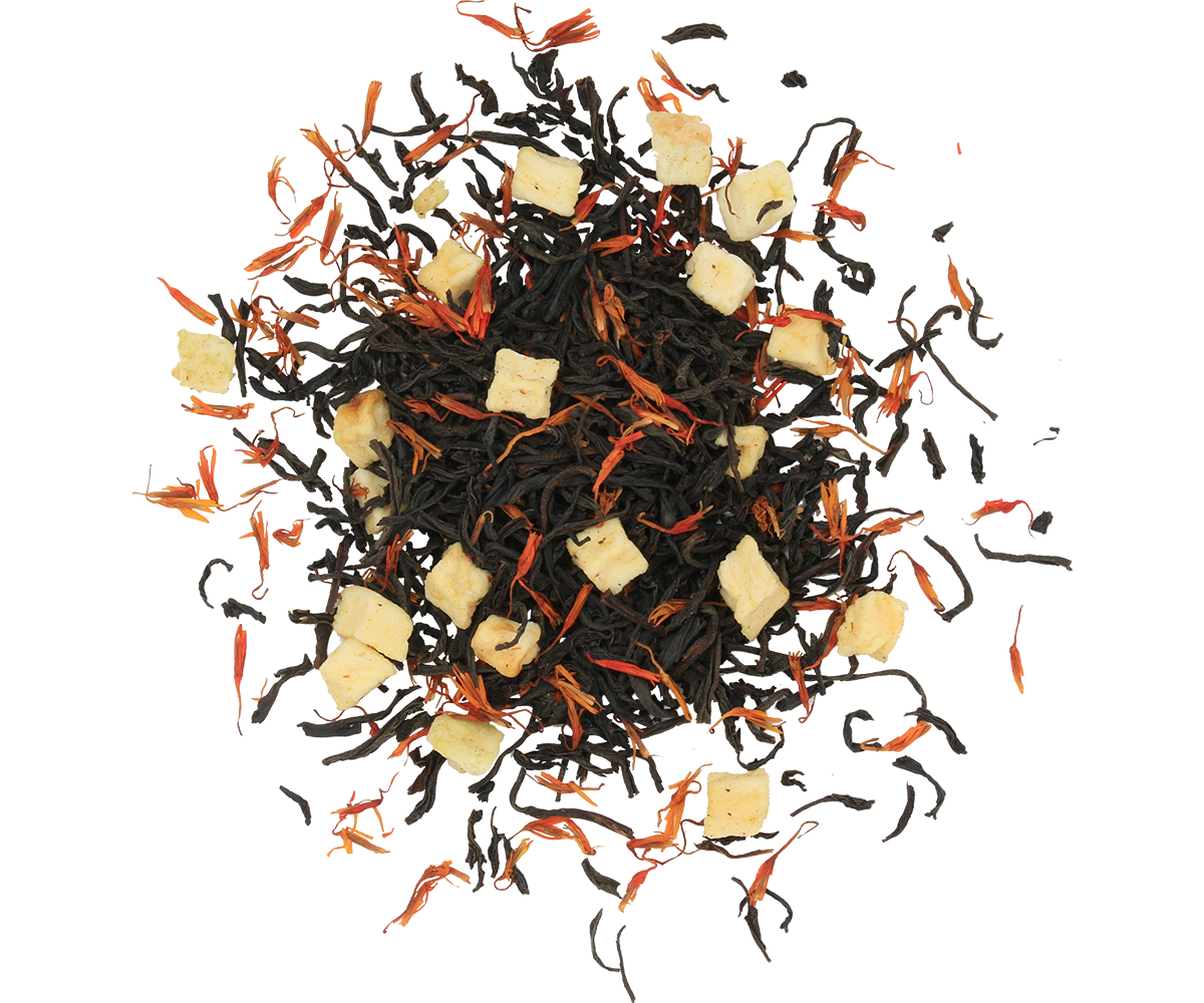 Zbliżenie na liście herbaty Basilur Merry Christmas z kawałkami owoców i płatkami kwiatów