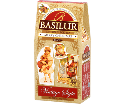 Widok z boku opakowania Basilur Merry Christmas w stylu retro