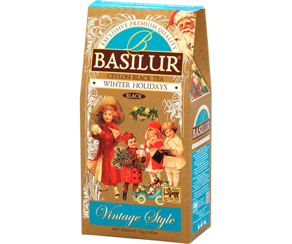 Herbata Basilur Winter Holidays – eleganckie opakowanie świąteczne w stylu retro.