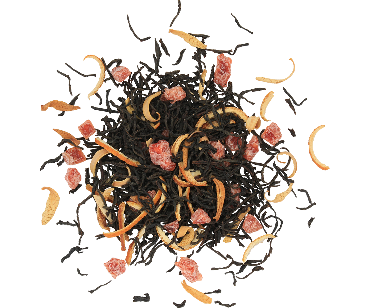 Czarna herbata Basilur Winter Holidays z kawałkami owoców i skórką pomarańczy.