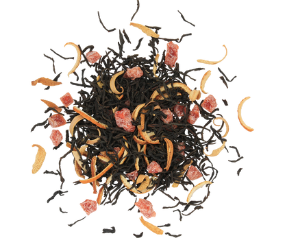 Czarna herbata Basilur Winter Holidays z kawałkami owoców i skórką pomarańczy.