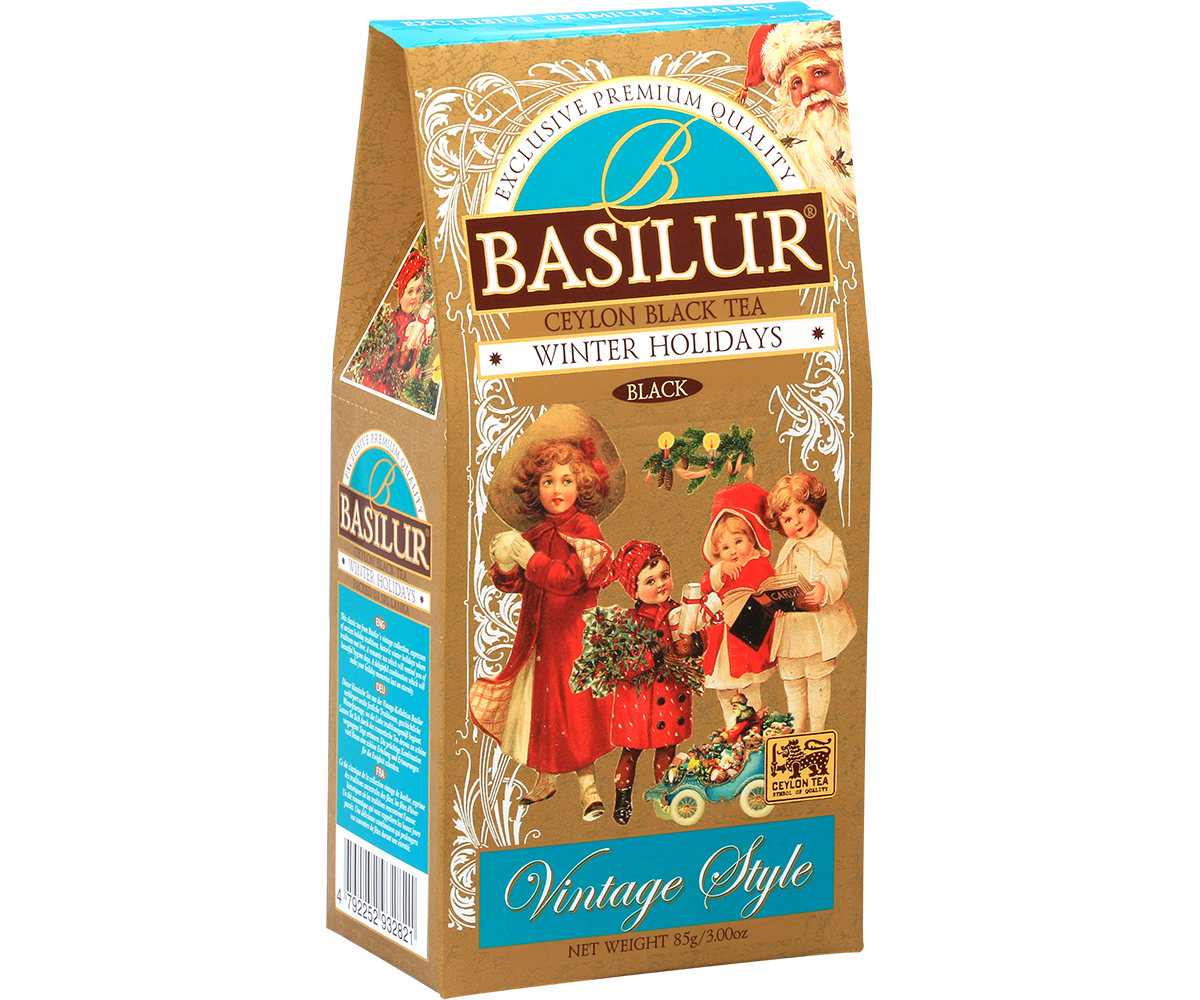 Bok opakowania Basilur Winter Holidays z logo marki i informacjami o herbacie.