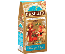 Bok opakowania Basilur Winter Holidays z logo marki i informacjami o herbacie.