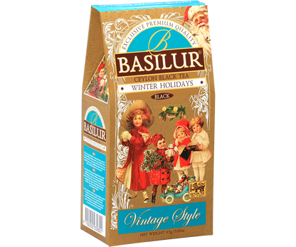 Bok opakowania Basilur Winter Holidays z logo marki i informacjami o herbacie.