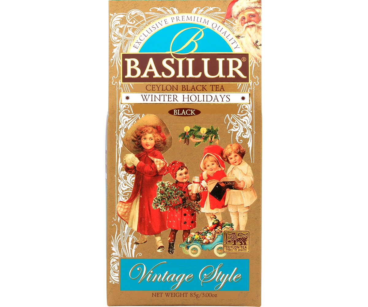 Opakowanie herbaty Basilur Winter Holidays w stylu vintage z motywem dzieci w strojach świątecznych.