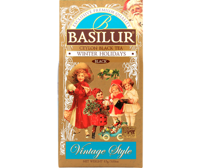 Opakowanie herbaty Basilur Winter Holidays w stylu vintage z motywem dzieci w strojach świątecznych.