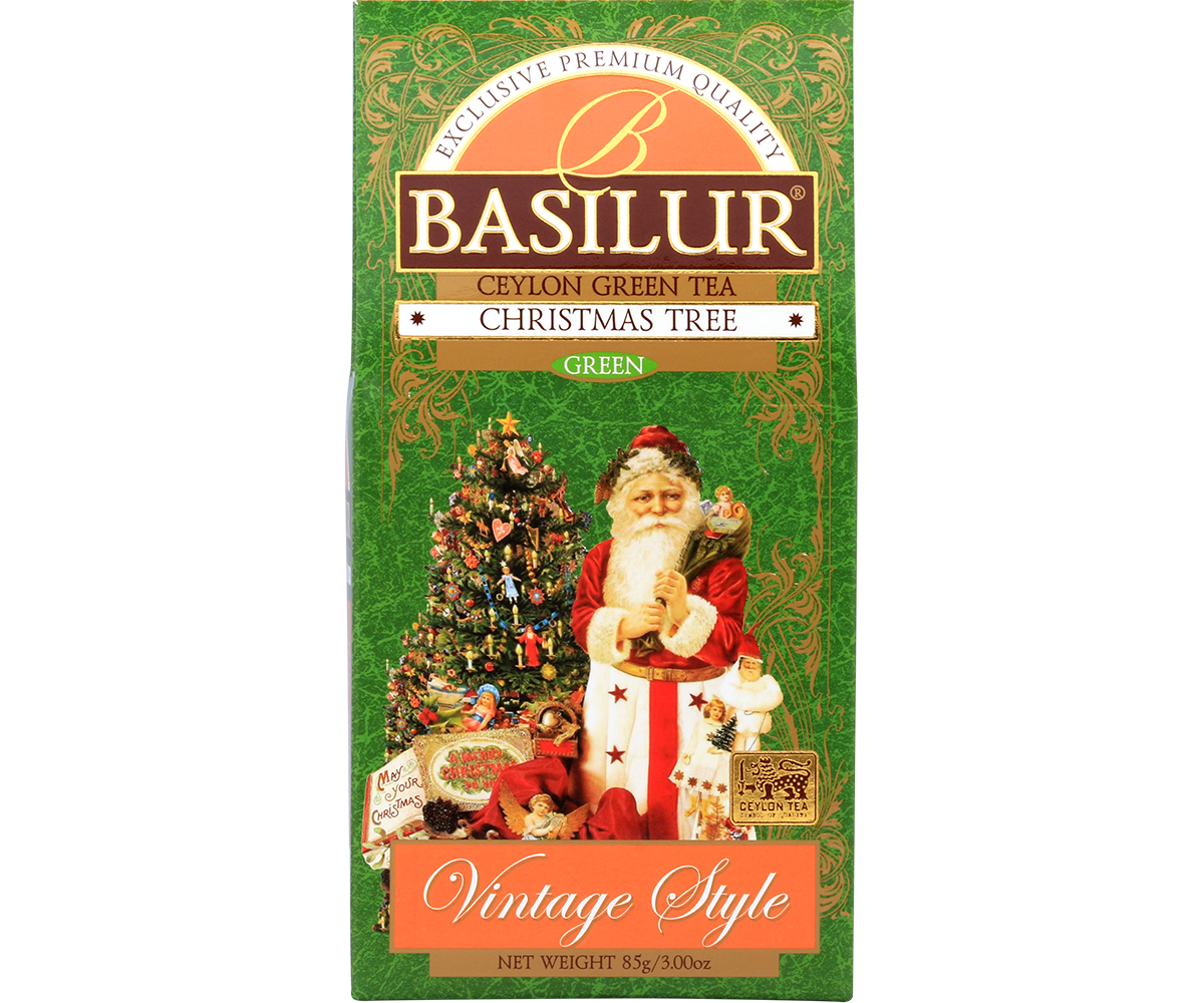 Front opakowania Basilur Christmas Tree zielona herbata świąteczna cejlońska