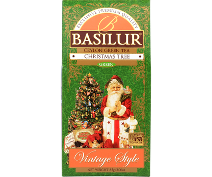 Front opakowania Basilur Christmas Tree zielona herbata świąteczna cejlońska