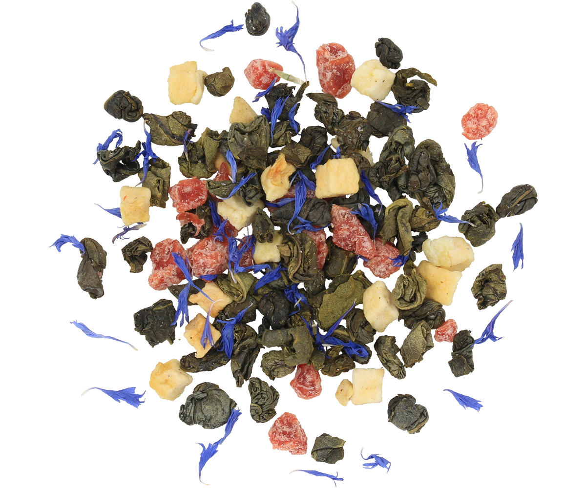 Zbliżenie na liście herbaty Basilur Christmas Tree z kawałkami owoców i płatkami kwiatów