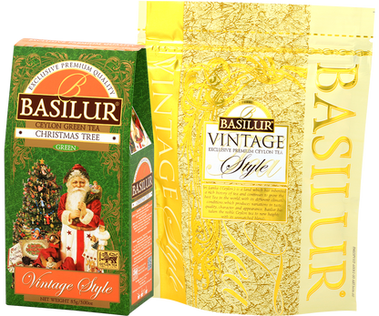 Opakowanie herbaty Basilur Christmas Tree w stylu vintage z motywem choinki i Świętego Mikołaja
