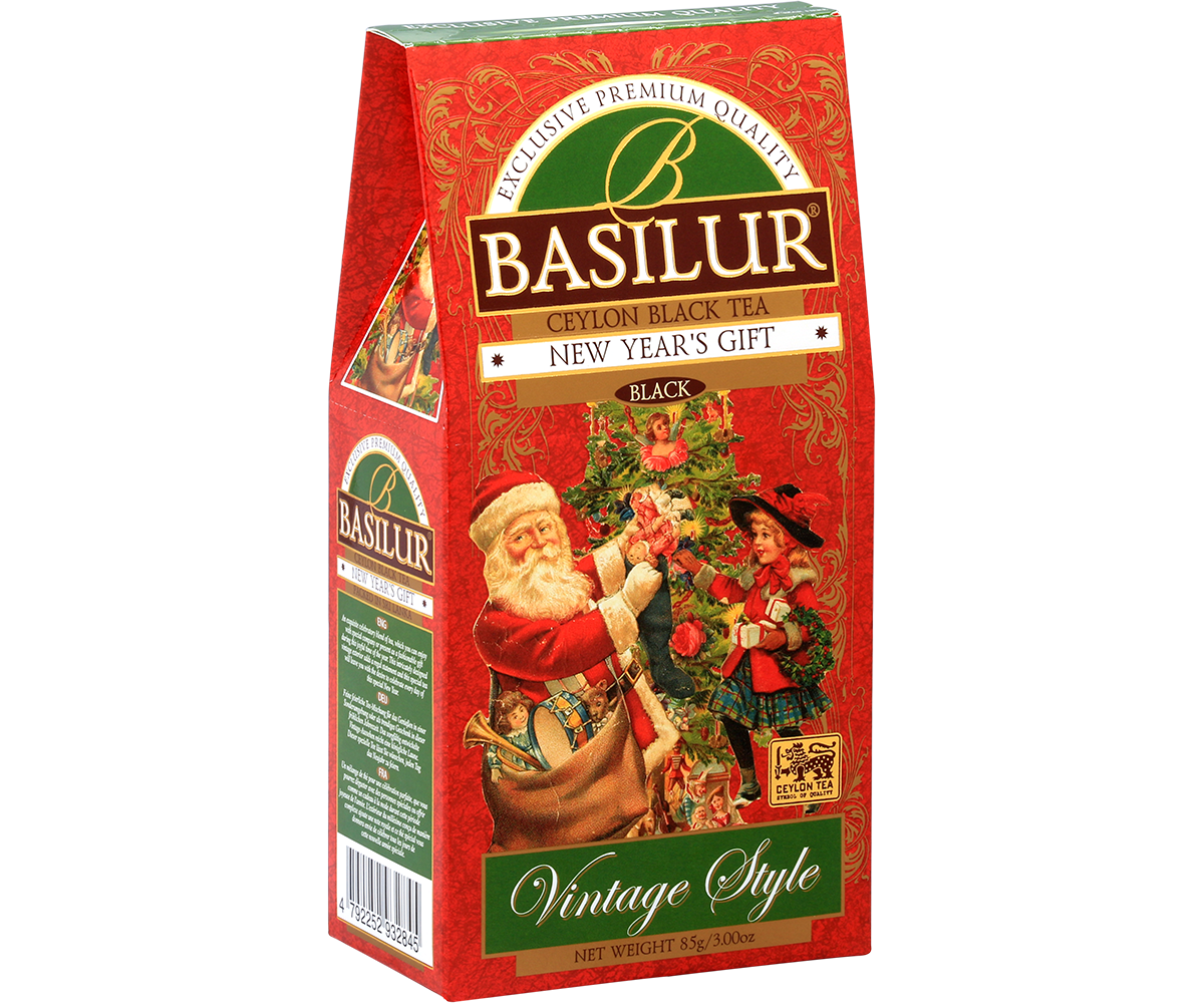 Bok opakowania Basilur New Year’s Gift z informacjami o składzie i pochodzeniu