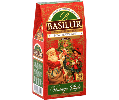 Bok opakowania Basilur New Year’s Gift z informacjami o składzie i pochodzeniu