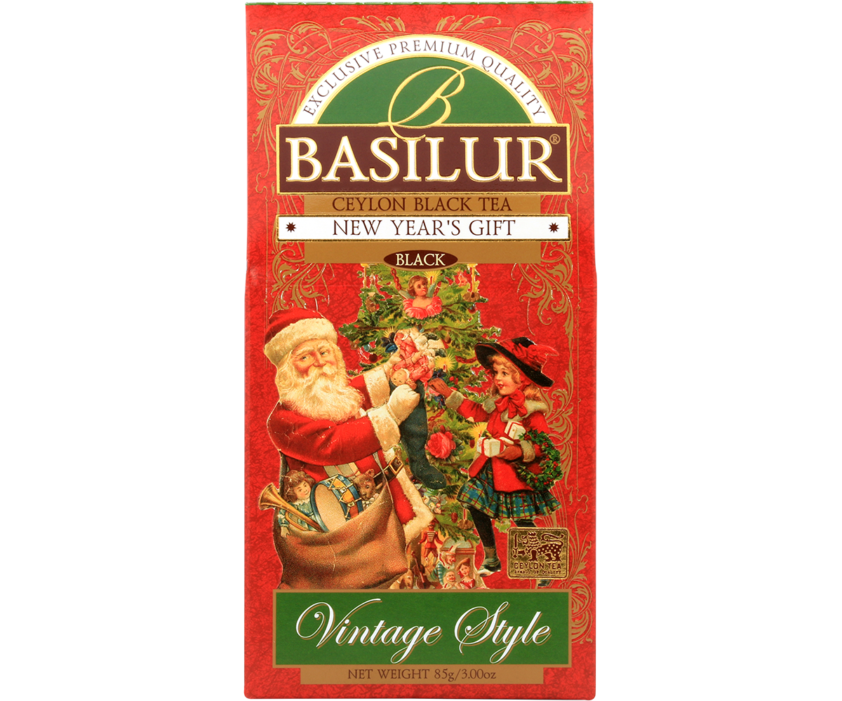 Front opakowania Basilur New Year’s Gift z ilustracją Świętego Mikołaja i choinki
