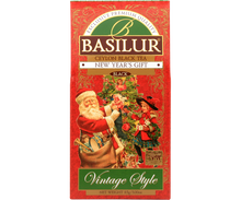 Front opakowania Basilur New Year’s Gift z ilustracją Świętego Mikołaja i choinki