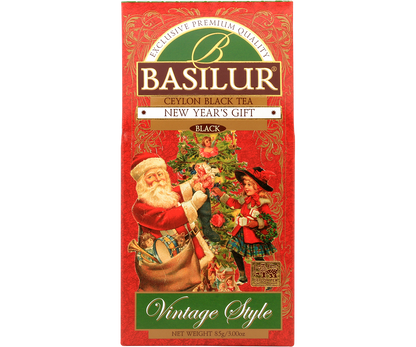 Front opakowania Basilur New Year’s Gift z ilustracją Świętego Mikołaja i choinki