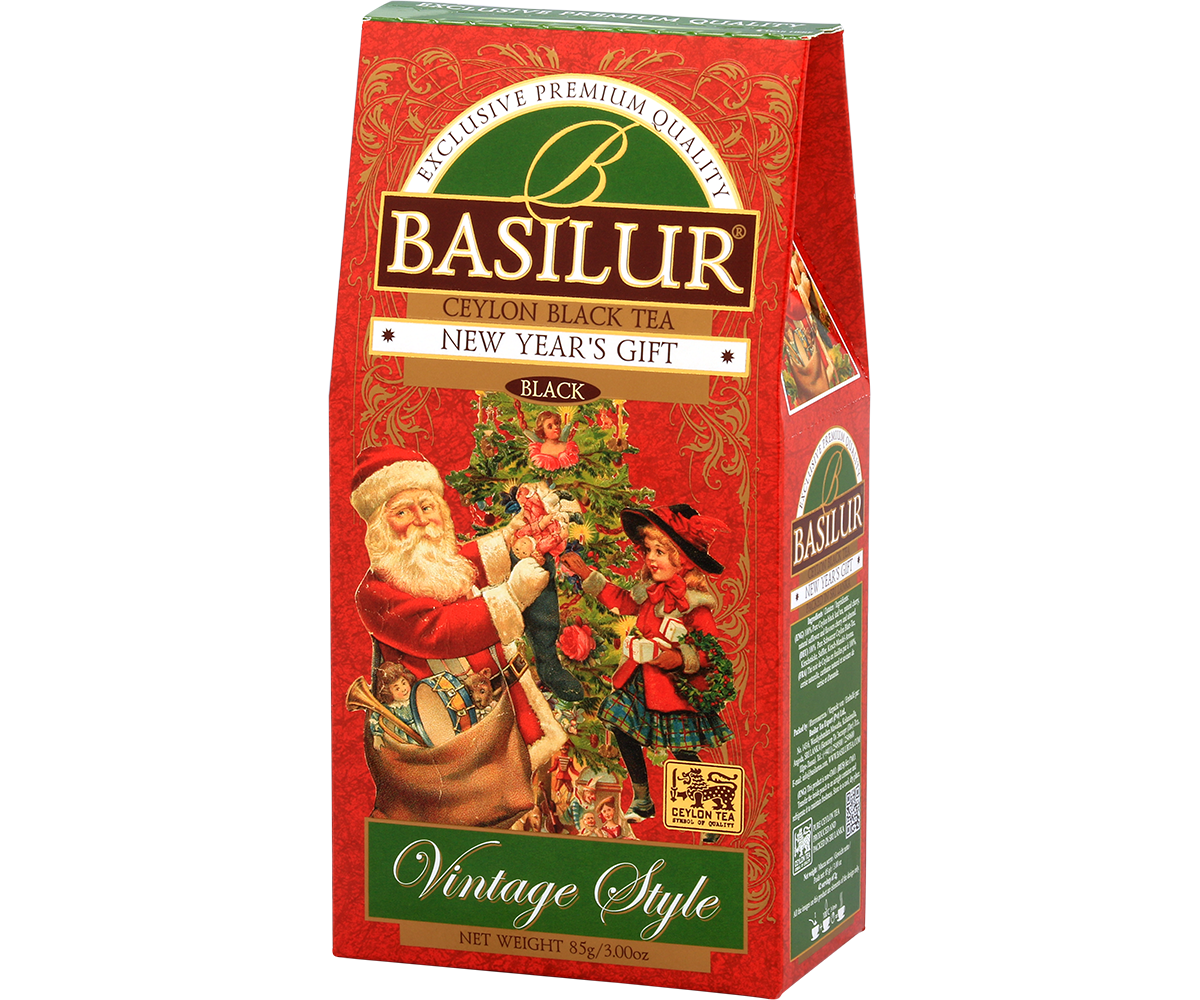 Widok z boku opakowania Basilur New Year’s Gift w stylu retro z zielonym detalem