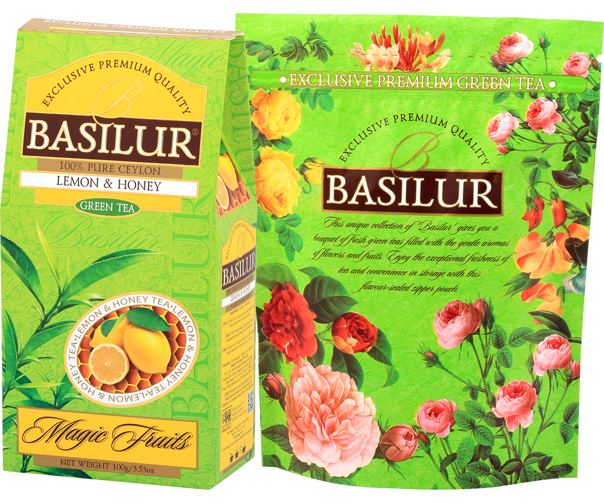 Opakowanie Basilur Lemon & Honey z motywem kwiatów – zielona herbata premium.