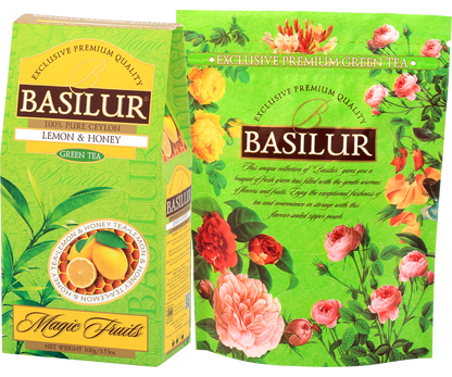 Opakowanie Basilur Lemon & Honey z motywem kwiatów – zielona herbata premium.