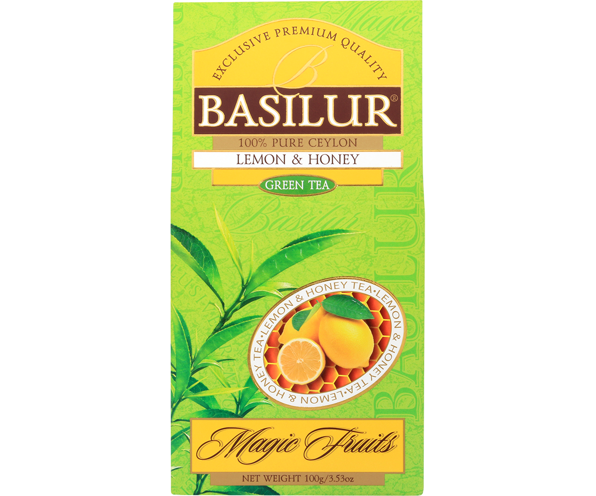 Front pudełka Basilur Lemon & Honey – kolekcja Magic Fruits.