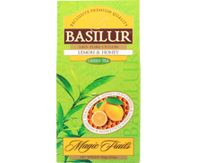 Front pudełka Basilur Lemon & Honey – kolekcja Magic Fruits.