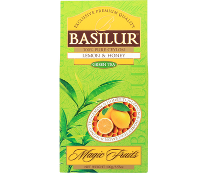 Front pudełka Basilur Lemon & Honey – kolekcja Magic Fruits.