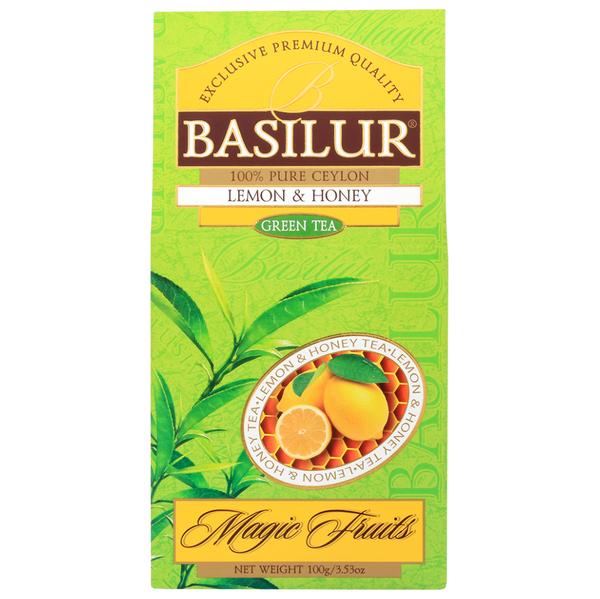 Front pudełka Basilur Lemon & Honey – kolekcja Magic Fruits.