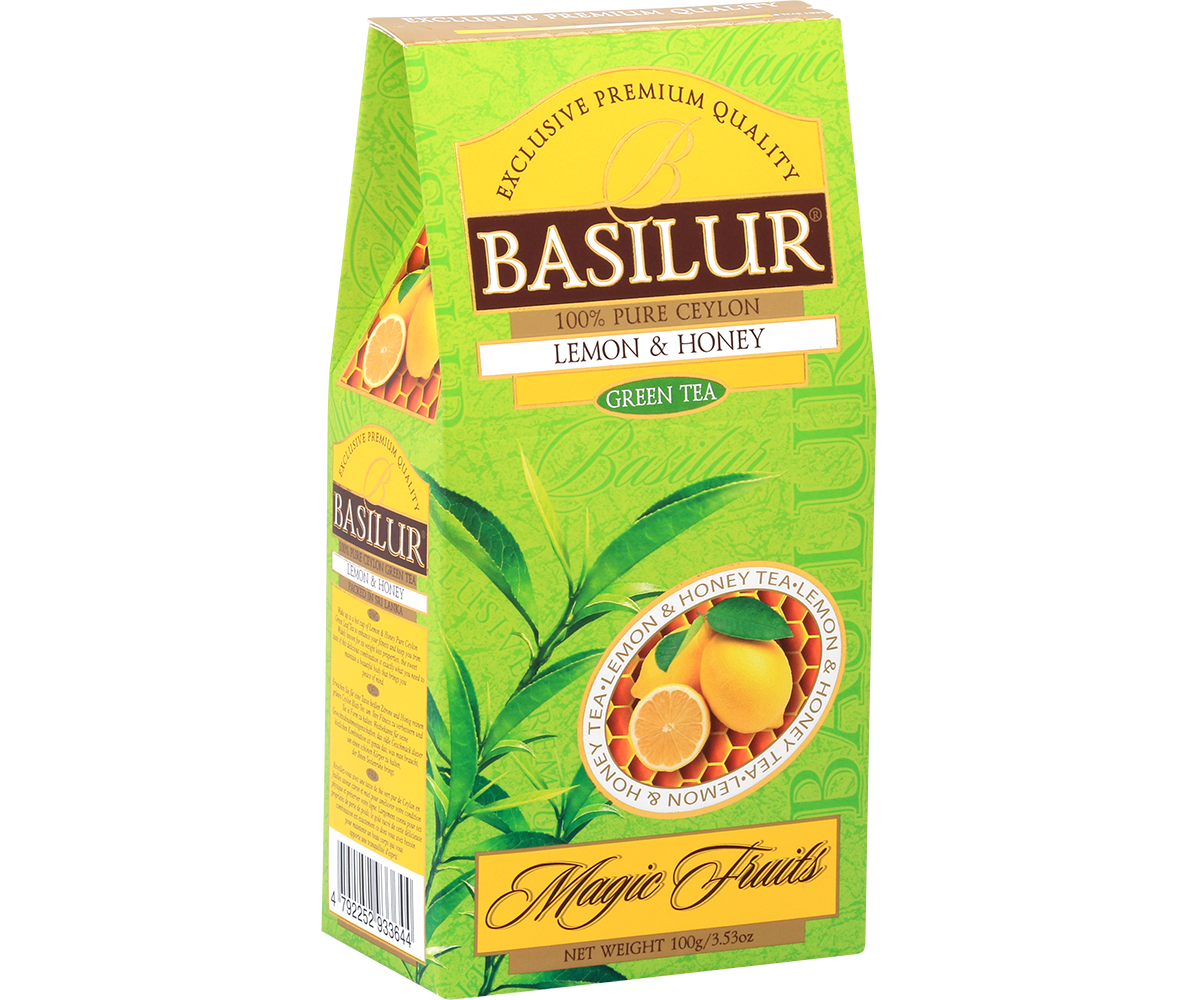 Zielone opakowanie Basilur Lemon & Honey – zielona herbata cejlońska o orzeźwiającym smaku.