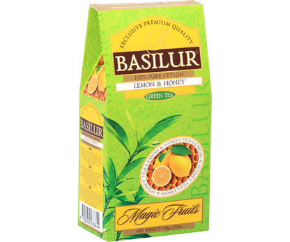 Zielone opakowanie Basilur Lemon & Honey – zielona herbata cejlońska o orzeźwiającym smaku.