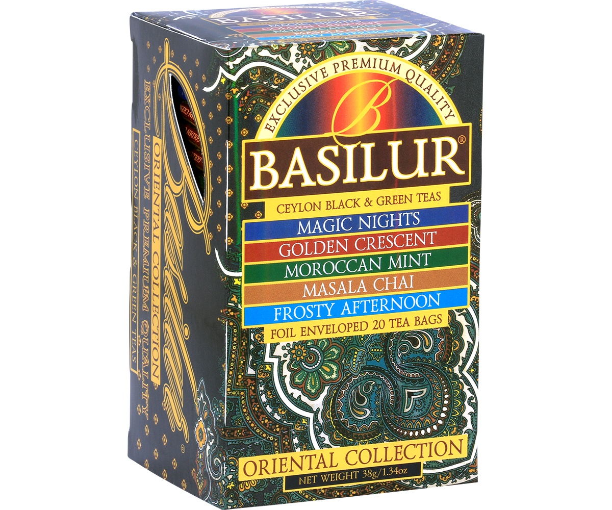 Bok opakowania Basilur Oriental Collection z informacjami o smakach herbat