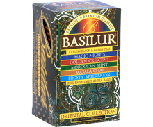 Bok opakowania Basilur Oriental Collection z informacjami o smakach herbat
