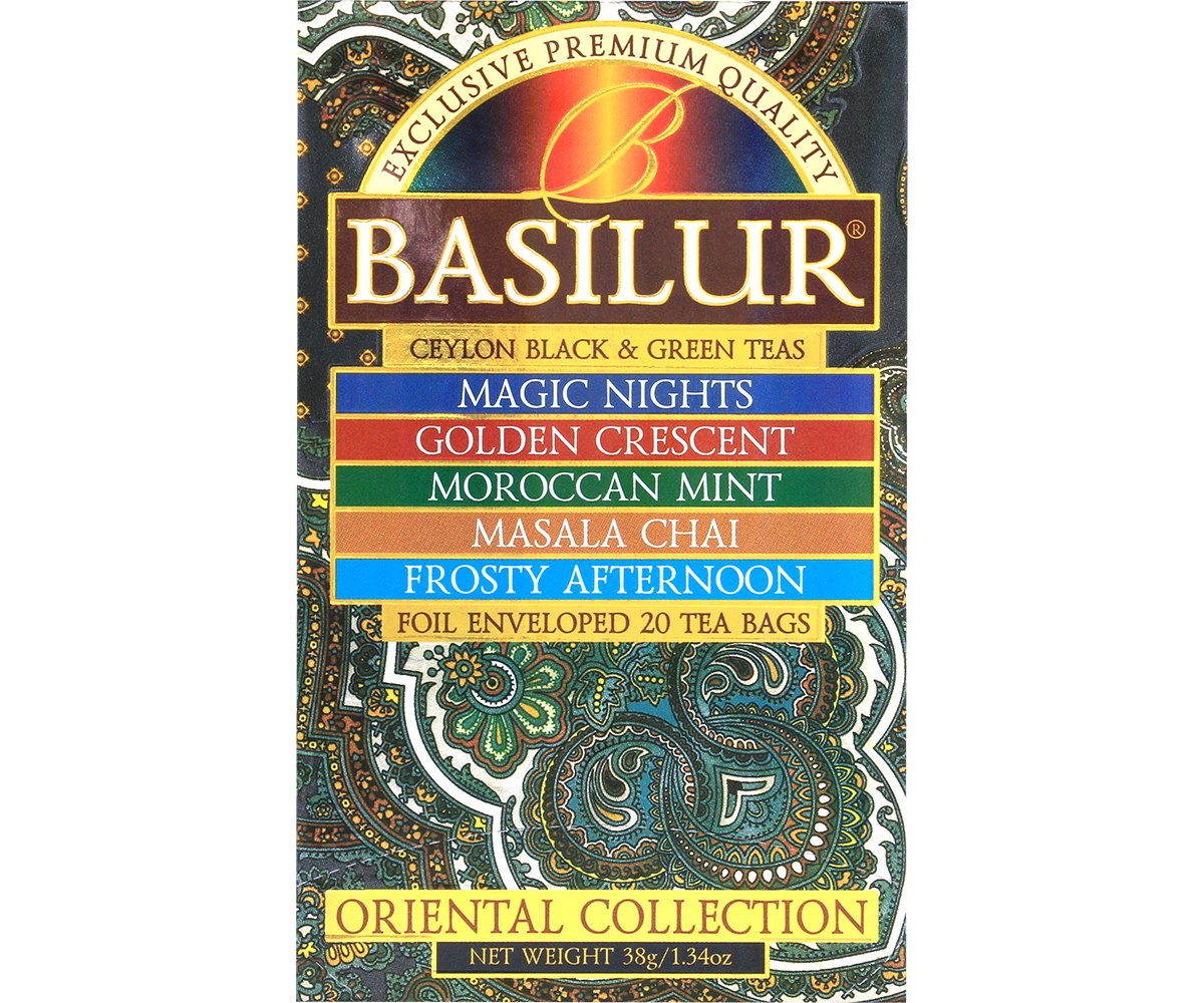 Front opakowania Basilur Oriental Collection z aromatycznymi herbatami czarnymi i zielonymi