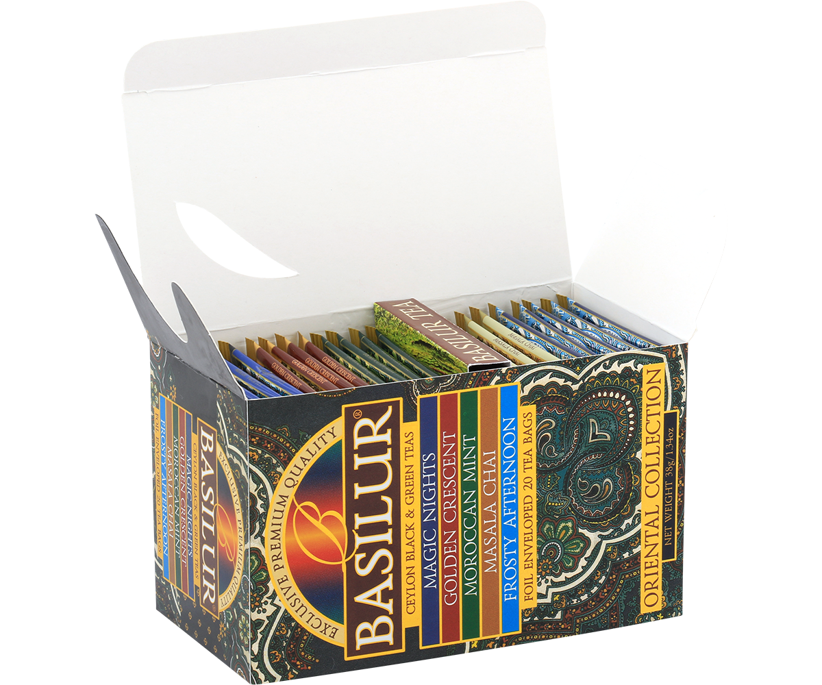 Otwarta herbata Basilur Oriental Collection z kopertami w różnych kolorach
