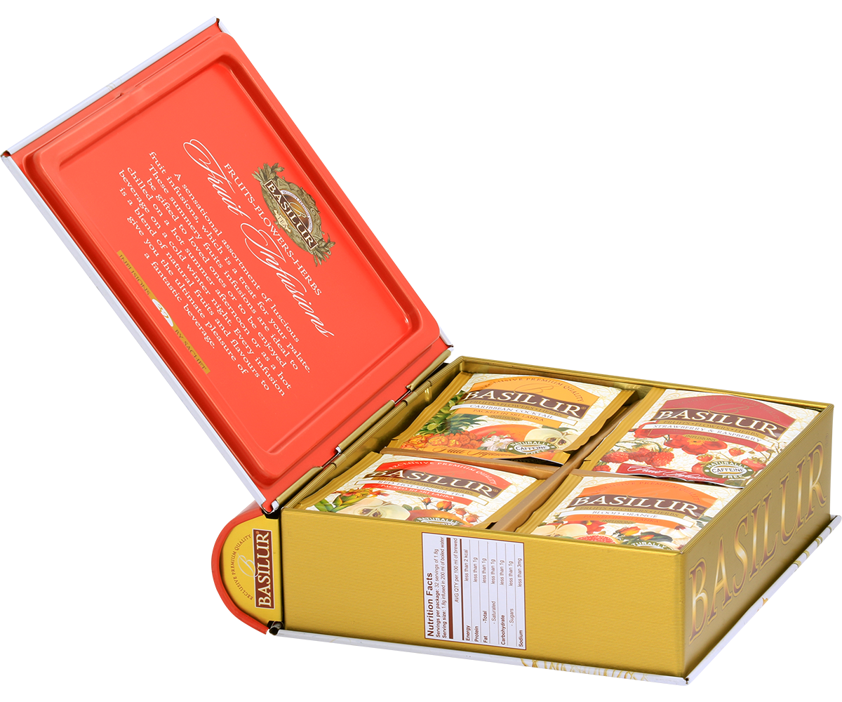 Otwarte pudełko Basilur Fruit Infusions vol. 2 – widoczne cztery rodzaje herbat w kopertach.