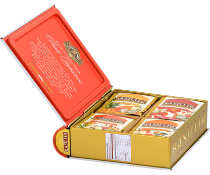 Otwarte pudełko Basilur Fruit Infusions vol. 2 – widoczne cztery rodzaje herbat w kopertach.