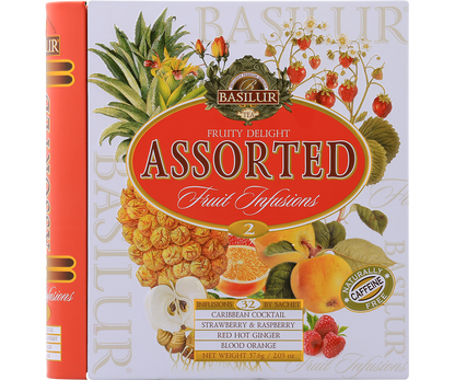 Przód opakowania Basilur Fruit Infusions vol. 2 – elegancka puszka w formie książki z owocowymi ilustracjami.