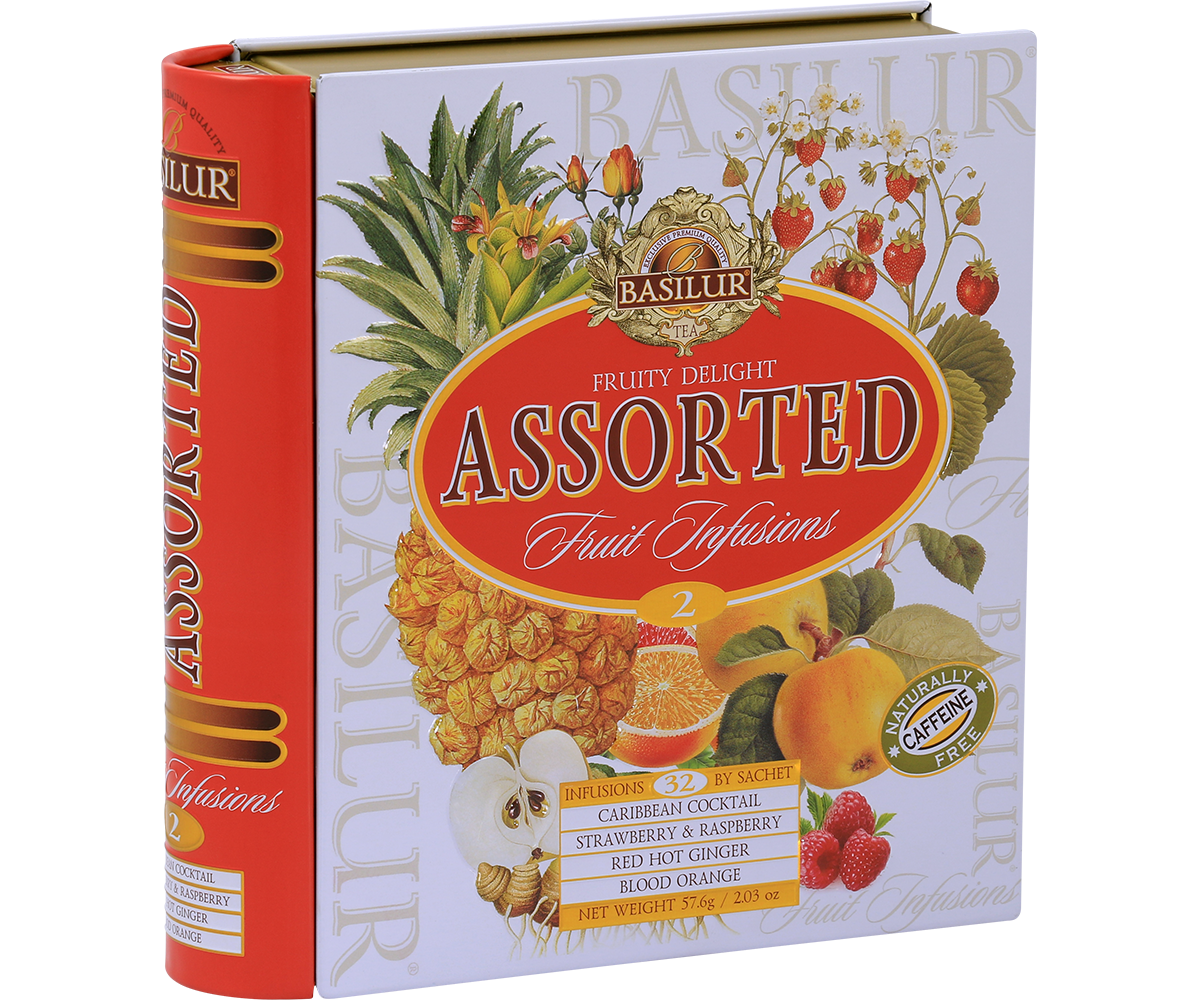 Bok puszki Basilur Fruit Infusions vol. 2 – ozdobne opakowanie kolekcji herbat owocowych.