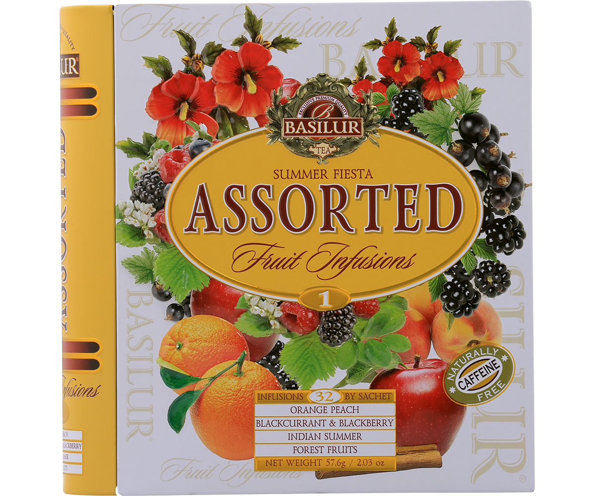 Opakowanie Basilur Fruit Infusions 1 z widocznymi owocami i napisem Assorted Fruit Infusions.