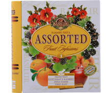 Opakowanie Basilur Fruit Infusions 1 z widocznymi owocami i napisem Assorted Fruit Infusions.