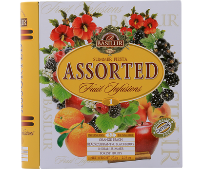 Opakowanie Basilur Fruit Infusions 1 z widocznymi owocami i napisem Assorted Fruit Infusions.