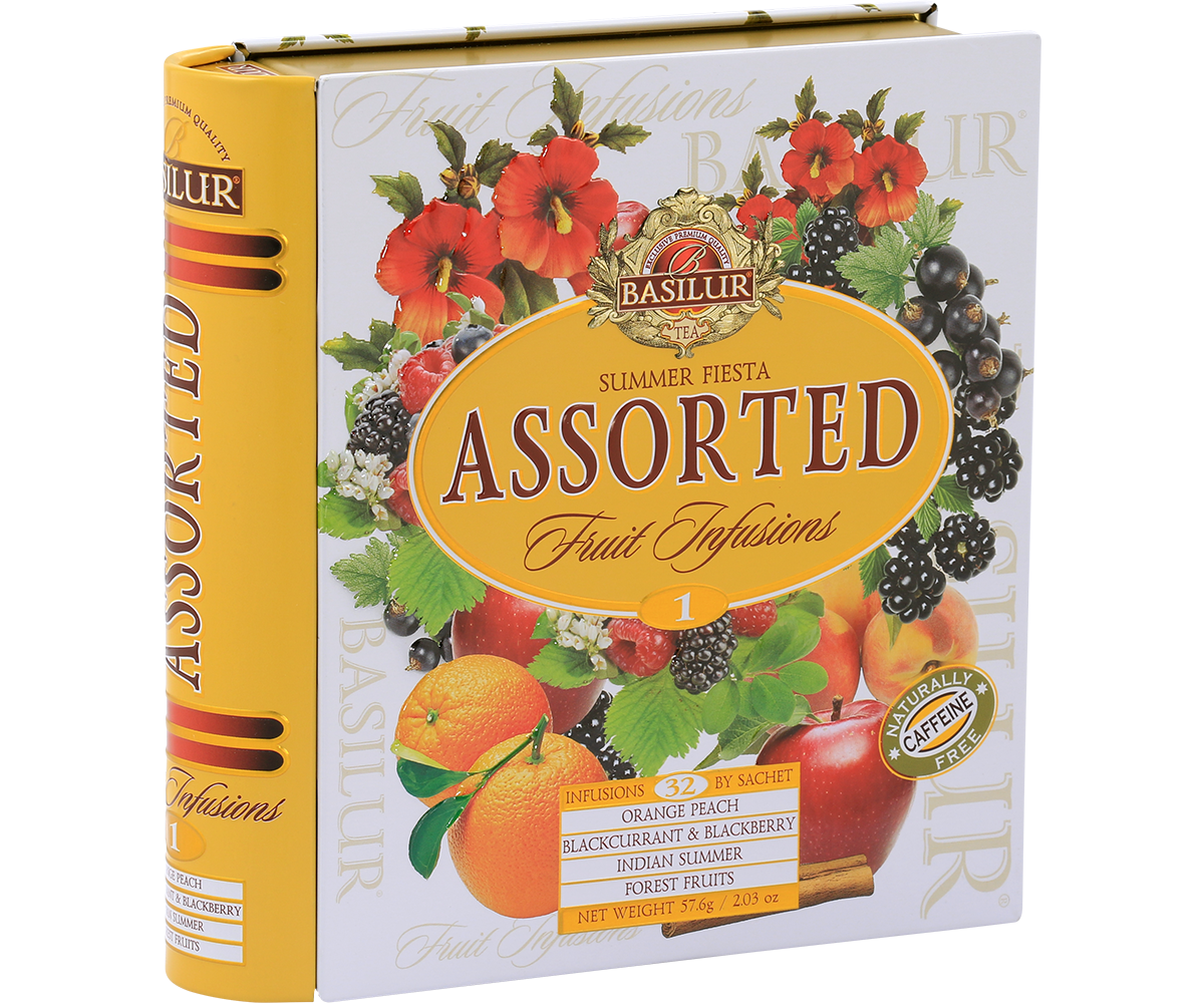 Bok opakowania Basilur Fruit Infusions 1, widoczne detale graficzne i logo marki.