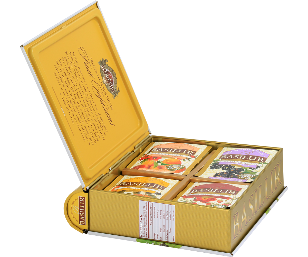 Zestaw herbat owocowych Basilur Fruit Infusions 1 w metalowej puszce otwartej, widoczne różne smaki naparów.