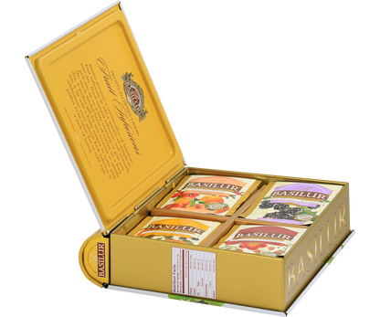 Zestaw herbat owocowych Basilur Fruit Infusions 1 w metalowej puszce otwartej, widoczne różne smaki naparów.